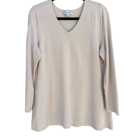 Susan Graver Modern Essentials Womens Cream V-Neck Long Sleeve Knit Sweater L - Picture 1 of 8